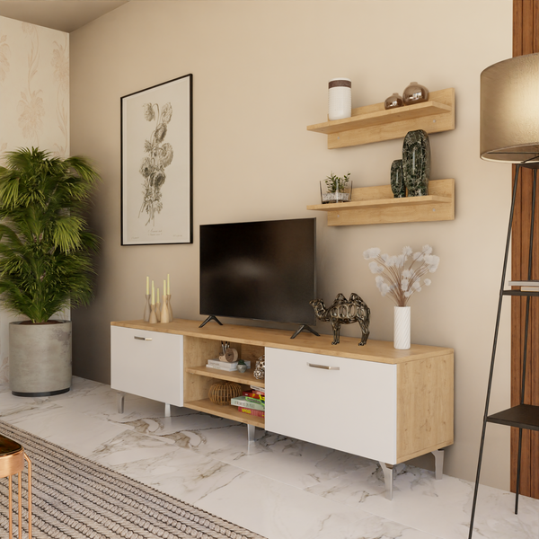 Comoda TV1 HubRom Rozbo, 48x180x35 cm, Raf 15x60x13 cm, Lemn/Alb