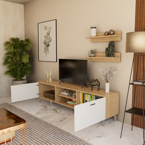 Comoda TV1 HubRom Rozbo, 48x180x35 cm, Raf 15x60x13 cm, Lemn/Alb