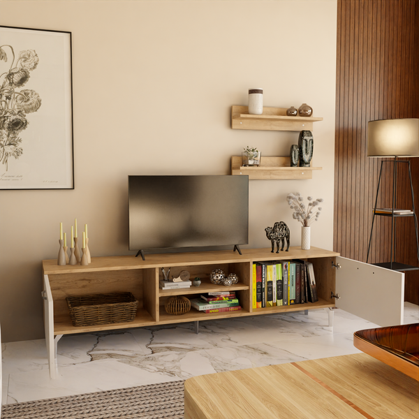 Comoda TV1 HubRom Rozbo, 48x180x35 cm, Raf 15x60x13 cm, Lemn/Alb