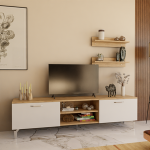 Comoda TV1 HubRom Rozbo, 48x180x35 cm, Raf 15x60x13 cm, Lemn/Alb