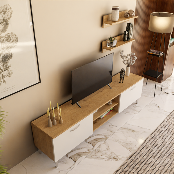 Comoda TV1 HubRom Rozbo, 48x180x35 cm, Raf 15x60x13 cm, Lemn/Alb