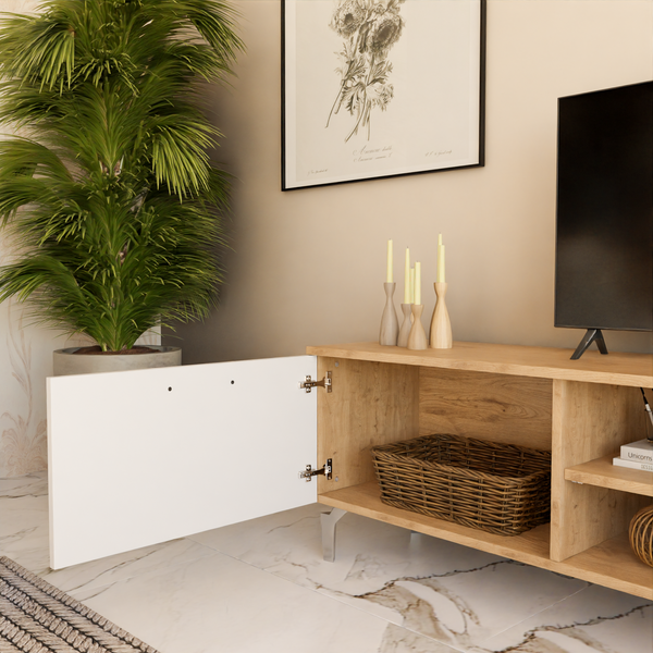 Comoda TV1 HubRom Rozbo, 48x180x35 cm, Raf 15x60x13 cm, Lemn/Alb