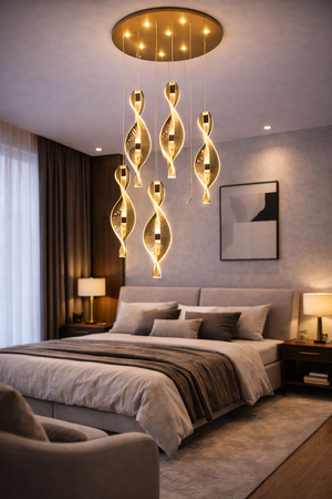 Lustra Led HubRom, LIKYA Auriu 5006-6100-83 50x50xHmax150 cm 3200 K Lumina Calda,Rece,Neutra