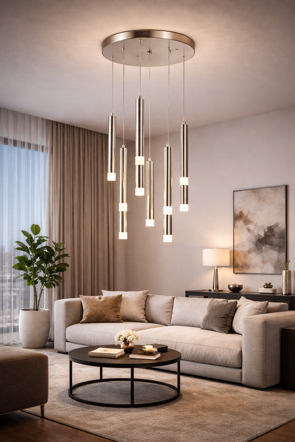 Lustra Led HubRom, YAREN Crom Satinat 5007-1444-53 30x30xHmax80-100 cm 4000 K Lumina Neutra