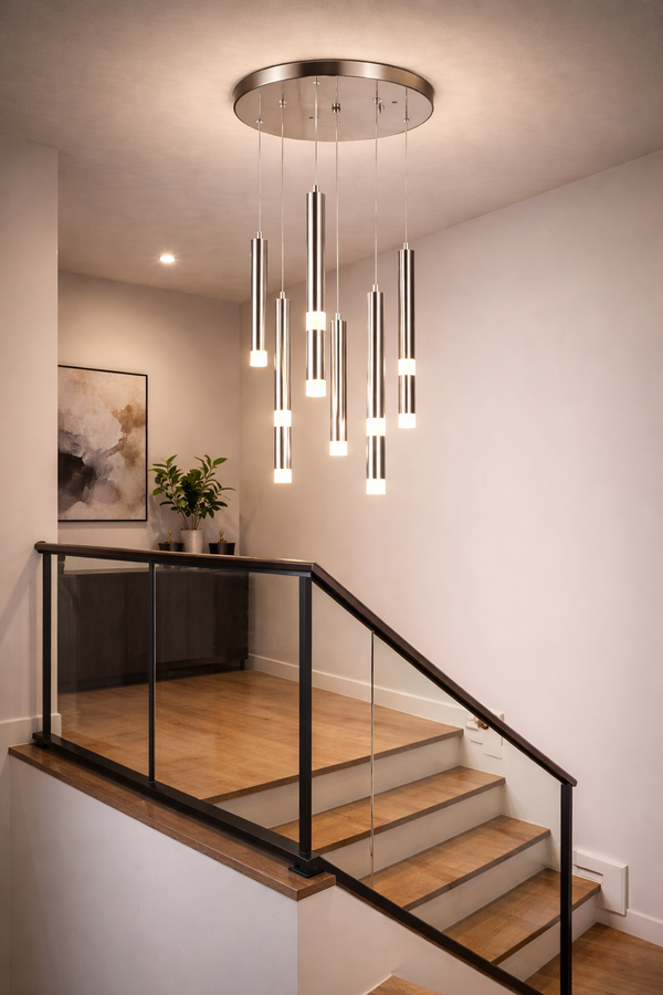 Lustra Led HubRom, YAREN Crom Satinat 5007-1444-53 30x30xHmax80-100 cm 4000 K Lumina Neutra