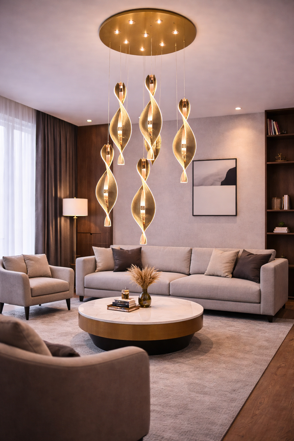 Lustra Led HubRom, LIKYA Auriu 5006-6100-83 50x50xHmax150 cm 3200 K Lumina Calda,Rece,Neutra