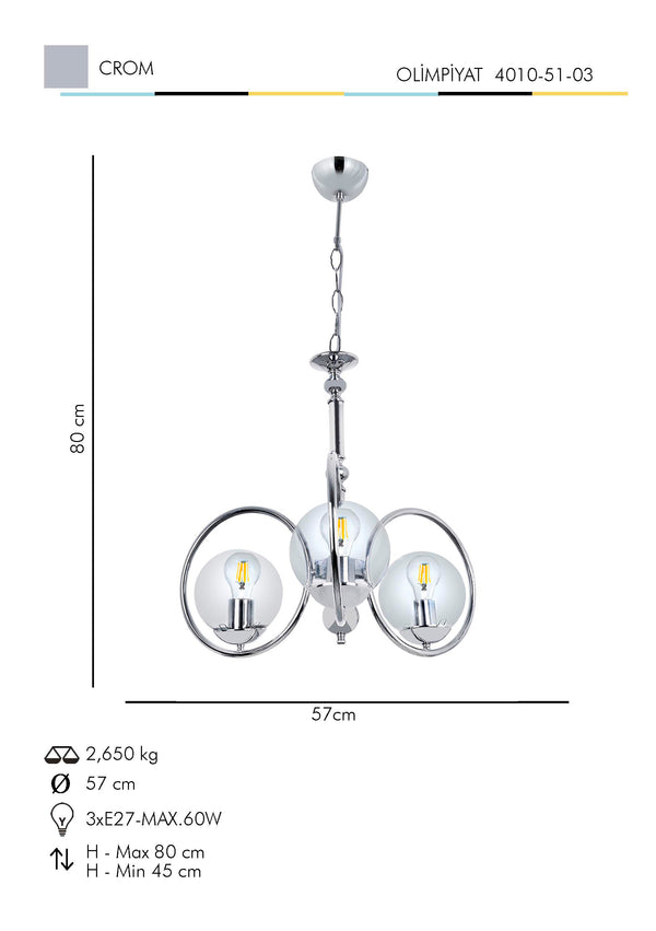Lustra HubRom, OLIMPIYAT 4010-51-03 57x57xHmax80 cm 3xE27-60W Crom