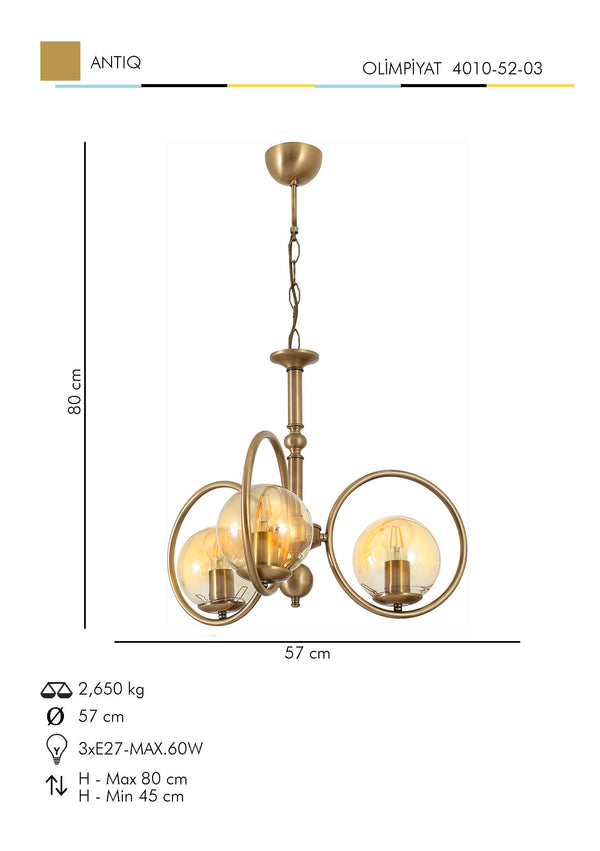 Lustra HubRom, OLIMPIYAT 4010-52-03 57x57xHmax80 cm 3xE27-60W Antiq