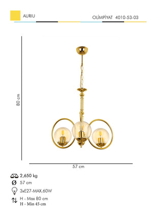 Lustra HubRom, OLIMPIYAT 4010-53-03 57x57xHmax80 cm 3xE27-60W Auriu