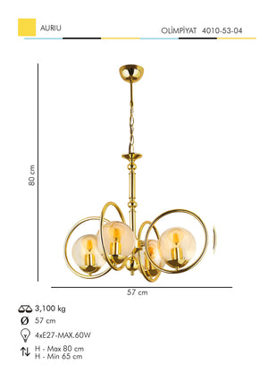 Lustra HubRom, OLIMPIYAT 4010-53-04 57x57xHmax80 cm 4xE27-60W Auriu