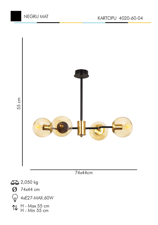 Lustra HubRom, KARTOPU 4020-60-04 55x74x44xHmax55  cm 4xE27-60W Negru / Antiq