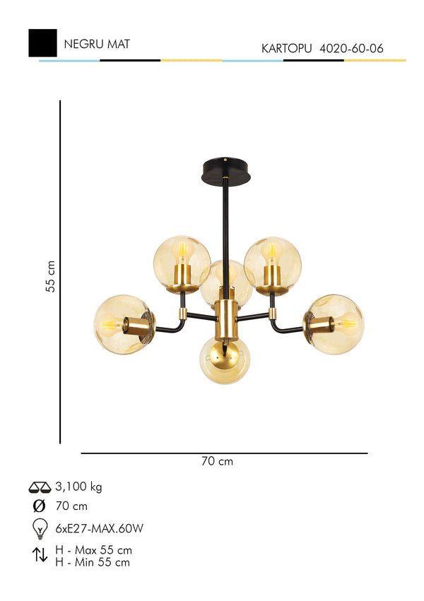 Lustra HubRom, KARTOPU 4020-60-06 55x55xHmax70 cm 6xE27-60W Negru / Antiq