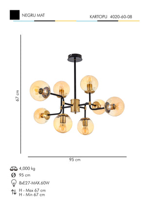 Lustra HubRom, KARTOPU 4020-60-08 67x67xHmax95 cm 8xE27-60W Negru / Antiq