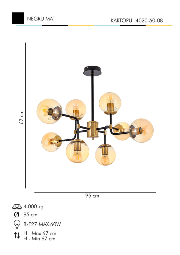 Lustra HubRom, KARTOPU 4020-60-08 67x67xHmax95 cm 8xE27-60W Negru / Antiq