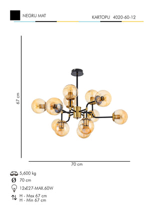Lustra HubRom, KARTOPU 4020-60-12 67x67xHmax70 cm 12xE27-60W Negru / Antiq