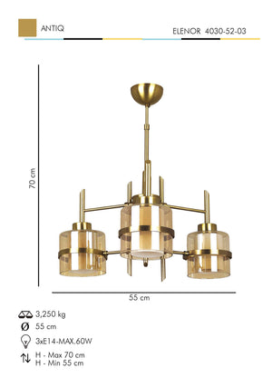 Lustra HubRom, ELENOR 4030-52-03 55x55xHmax70 cm 3xE27-60W Antiq