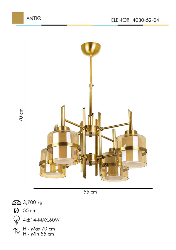 Lustra HubRom, ELENOR 4030-52-04 55x55xHmax70 cm 4xE27-60W Antiq