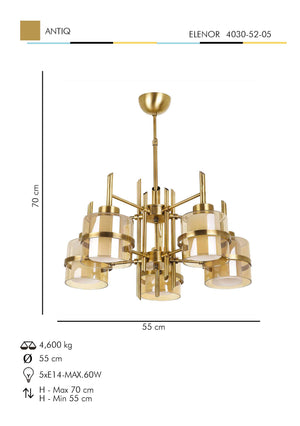Lustra HubRom, ELENOR 4030-52-05 55x55xHmax70 cm 5xE27-60W Antiq