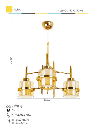 Lustra HubRom, ELENOR 4030-53-03 55x55xHmax70 cm 3xE27-60W Auriu