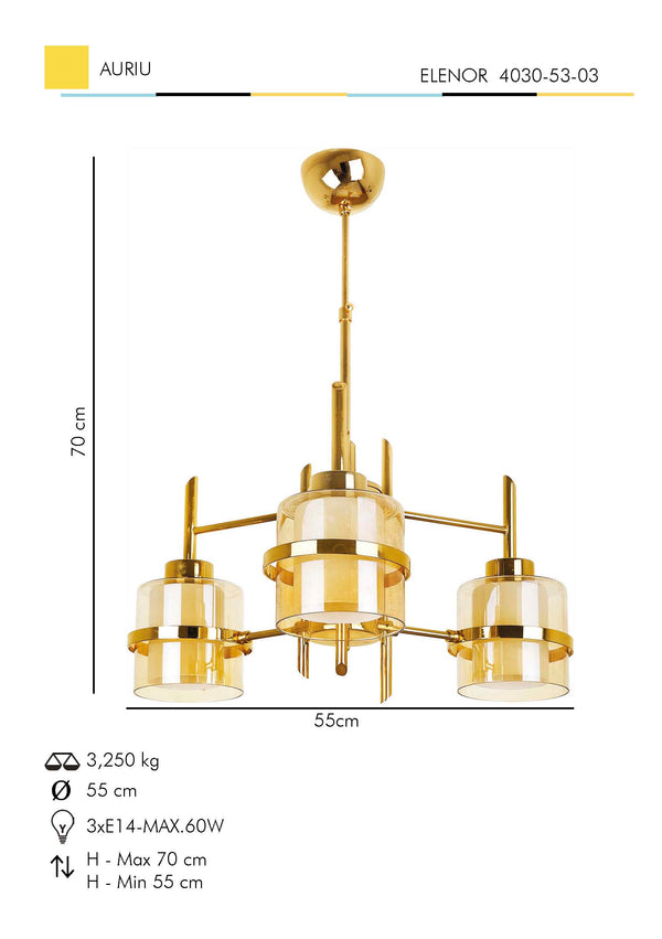Lustra HubRom, ELENOR 4030-53-03 55x55xHmax70 cm 3xE27-60W Auriu