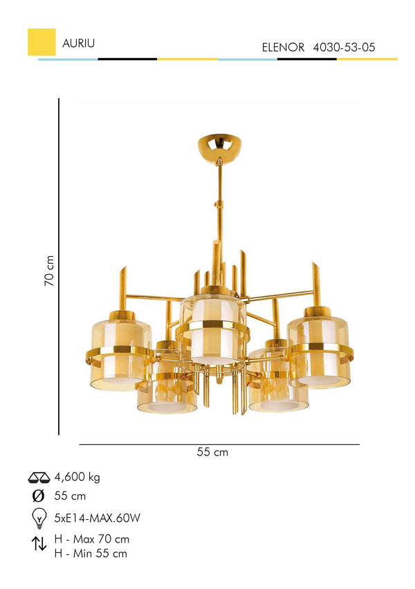 Lustra HubRom, ELENOR 4030-53-05 55x55xHmax70 cm 5xE27-60W Auriu