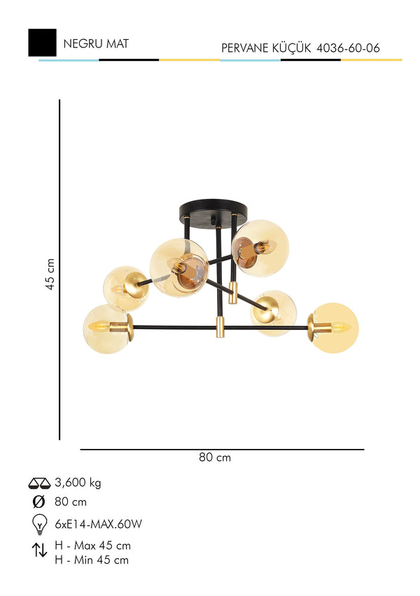 Lustra HubRom, PERVANE MICA 4036-60-06 45x45-80 cm 6xE14-60W Negru / Antiq