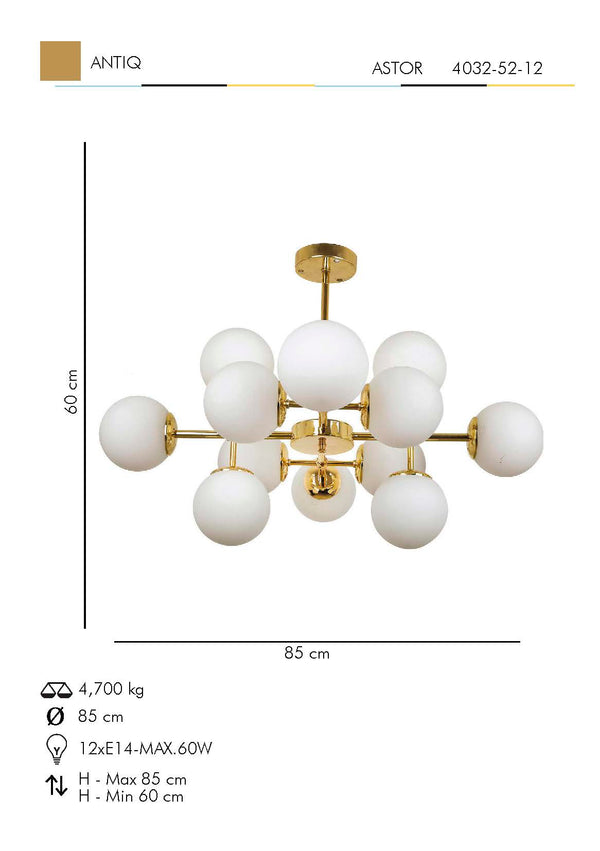 Lustra HubRom, ASTOR 4032-52-12 60x85xHmax85 cm 12xE14-40W Antiq
