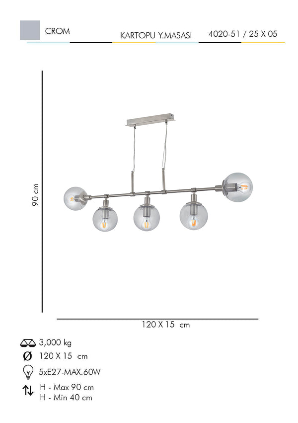 Lustra HubRom, KARTOPU Y.M. 4020-51-05 90x120x15xHmax90 cm 5xE27-60W Crom