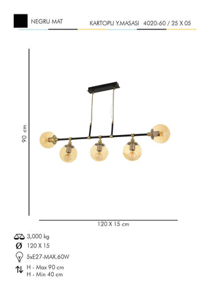 Lustra HubRom, KARTOPU Y.M. 4020-60-05 90x120x15xHmax90 cm 5xE27-60W Negru / Antiq