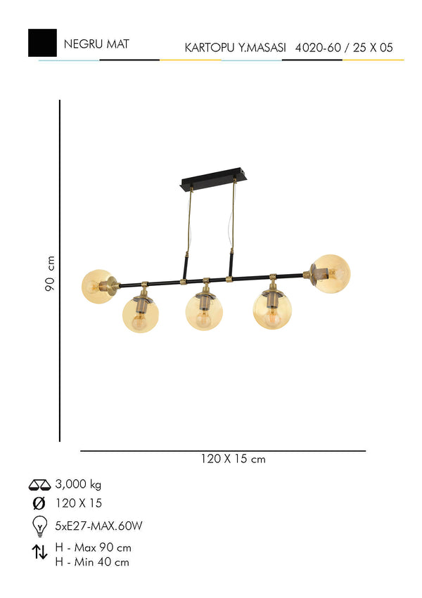 Lustra HubRom, KARTOPU Y.M. 4020-60-05 90x120x15xHmax90 cm 5xE27-60W Negru / Antiq