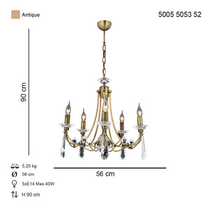 Lustra Cristal HubRom, PRENSES 5005-5053-52 56x56xHmax90 cm 5xE14-40W Antiq