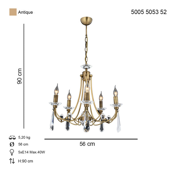 Lustra Cristal HubRom, PRENSES 5005-5053-52 56x56xHmax90 cm 5xE14-40W Antiq