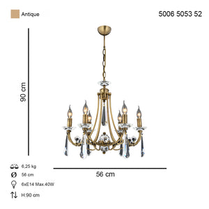 Lustra Cristal HubRom, PRENSES 5006-5053-52 56x56xHmax90 cm 6xE14-40W Antiq