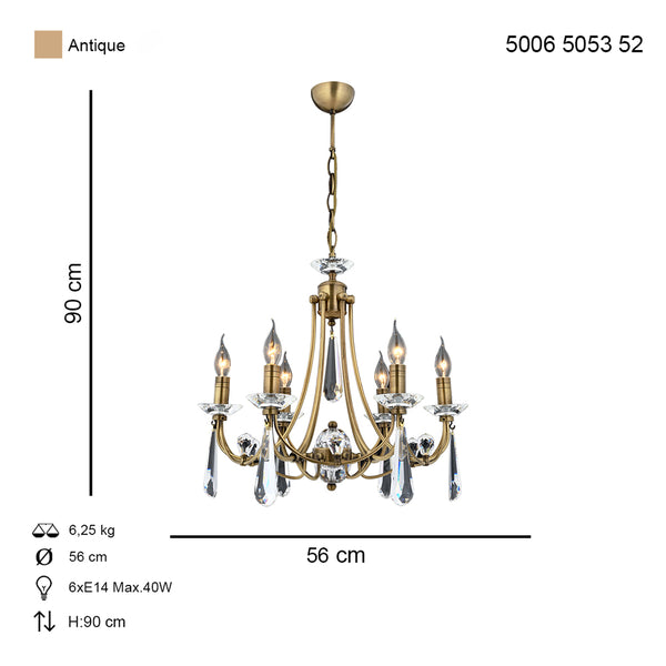 Lustra Cristal HubRom, PRENSES 5006-5053-52 56x56xHmax90 cm 6xE14-40W Antiq