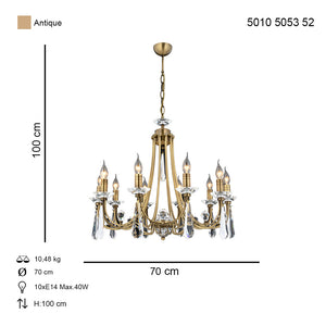 Lustra Cristal HubRom, PRENSES 5010-5053-52 70x70xHmax90 cm 10xE14-40W Antiq