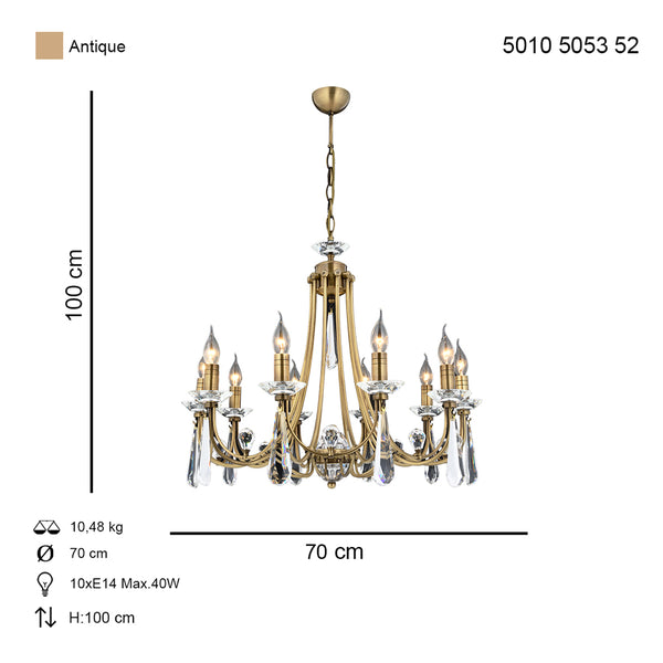 Lustra Cristal HubRom, PRENSES 5010-5053-52 70x70xHmax90 cm 10xE14-40W Antiq