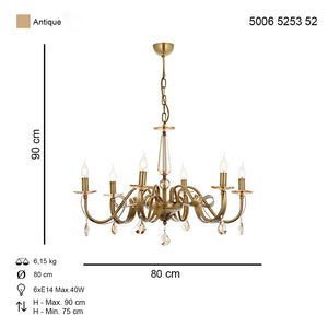 Lustra Cristal HubRom, KARLEN 5006-5253-52 55xHmax40-80 cm 6xE14-40W Antiq