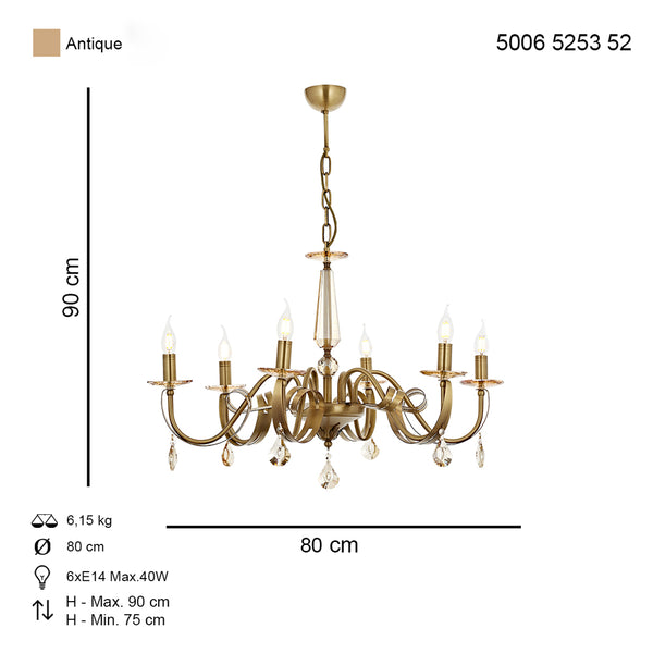Lustra Cristal HubRom, KARLEN 5006-5253-52 55xHmax40-80 cm 6xE14-40W Antiq
