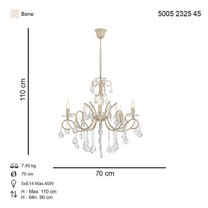 Lustra Cristal HubRom, LILYA 5005-2325-45 70xHmax90-100 cm 5xE14-40W Crem Patina Auriu