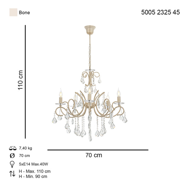 Lustra Cristal HubRom, LILYA 5005-2325-45 70xHmax90-100 cm 5xE14-40W Crem Patina Auriu