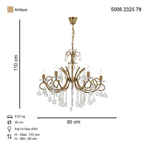 Lustra Cristal HubRom, LILYA 5006-2325-52 80xHmax90-110 cm 6xE14-40W Lak Antiq