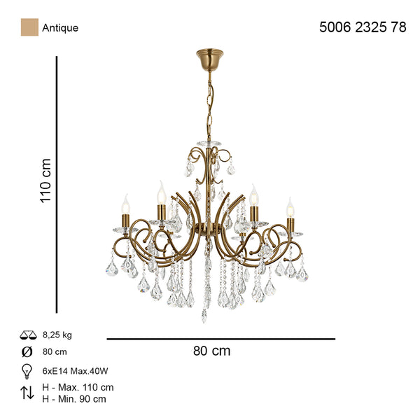 Lustra Cristal HubRom, LILYA 5006-2325-52 80xHmax90-110 cm 6xE14-40W Lak Antiq