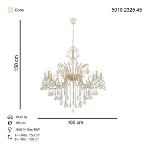 Lustra Cristal HubRom, LILYA 5010-2325-45 105xHmax130-150 cm 10xE14-40W Alb Sıdafat