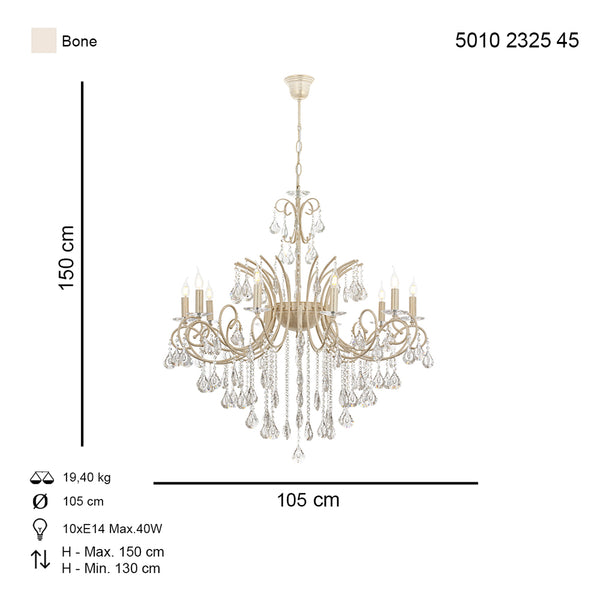 Lustra Cristal HubRom, LILYA 5010-2325-45 105xHmax130-150 cm 10xE14-40W Alb Sıdafat