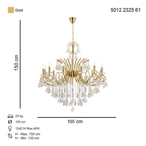 Lustra Cristal HubRom, LILYA 5012-2325-61 105xHmax130-150 cm 12xE14-40W Auriu