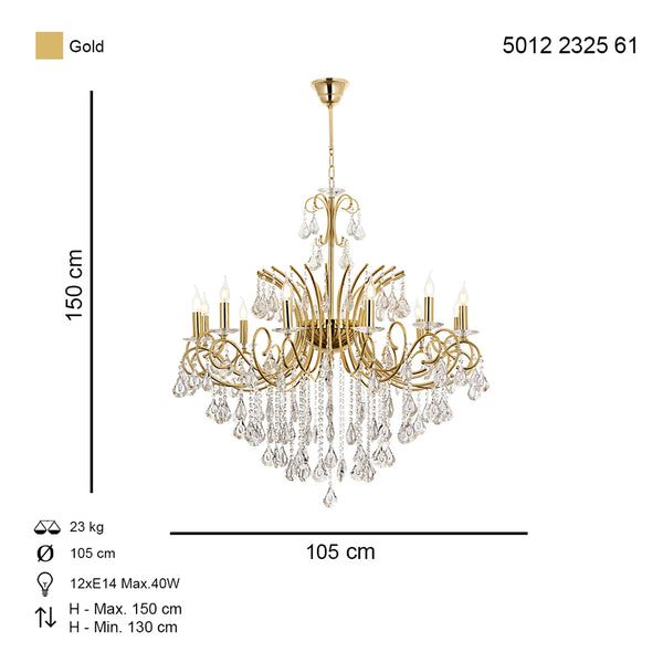 Lustra Cristal HubRom, LILYA 5012-2325-61 105xHmax130-150 cm 12xE14-40W Auriu