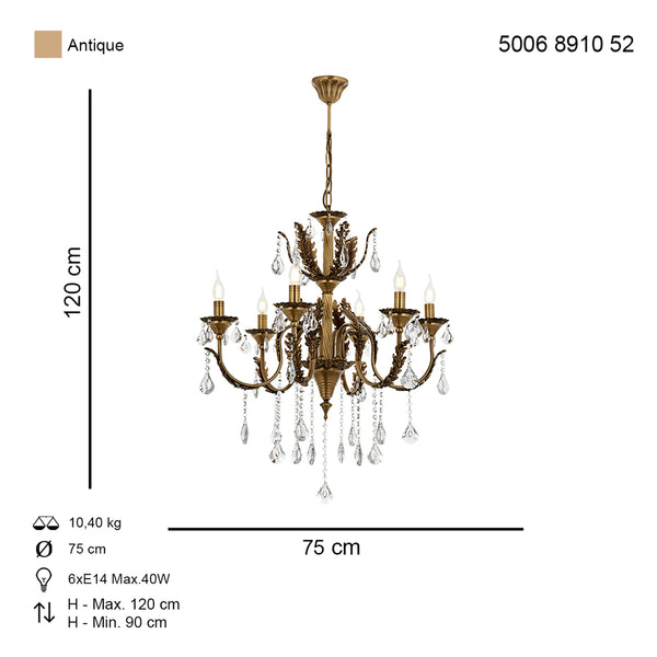 Lustra HubRom, ERNESTO 5006-8910-52 75x75xHmax120 cm 6xE14-40W Antiq