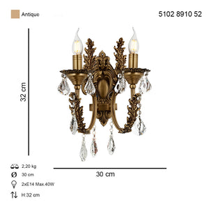 Apliica HubRom, ERNESTO 5102-8910-52 32x30xHmax32 cm 2xE14-40W Antiq