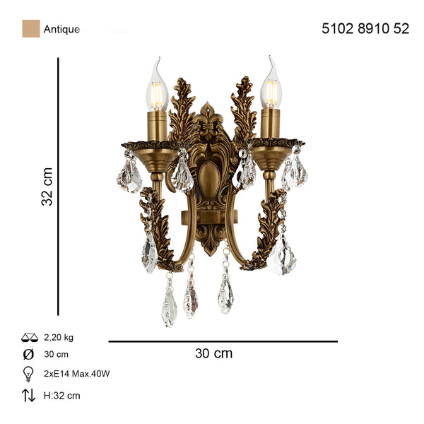 Apliica HubRom, ERNESTO 5102-8910-52 32x30xHmax32 cm 2xE14-40W Antiq