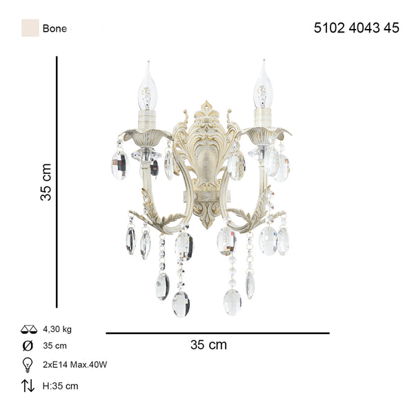 Aplica Cristal HubRom, HAVUZLU 5102-4043-45 35x35xHmax35 cm 2xE14-40W Crem Patina Auriu
